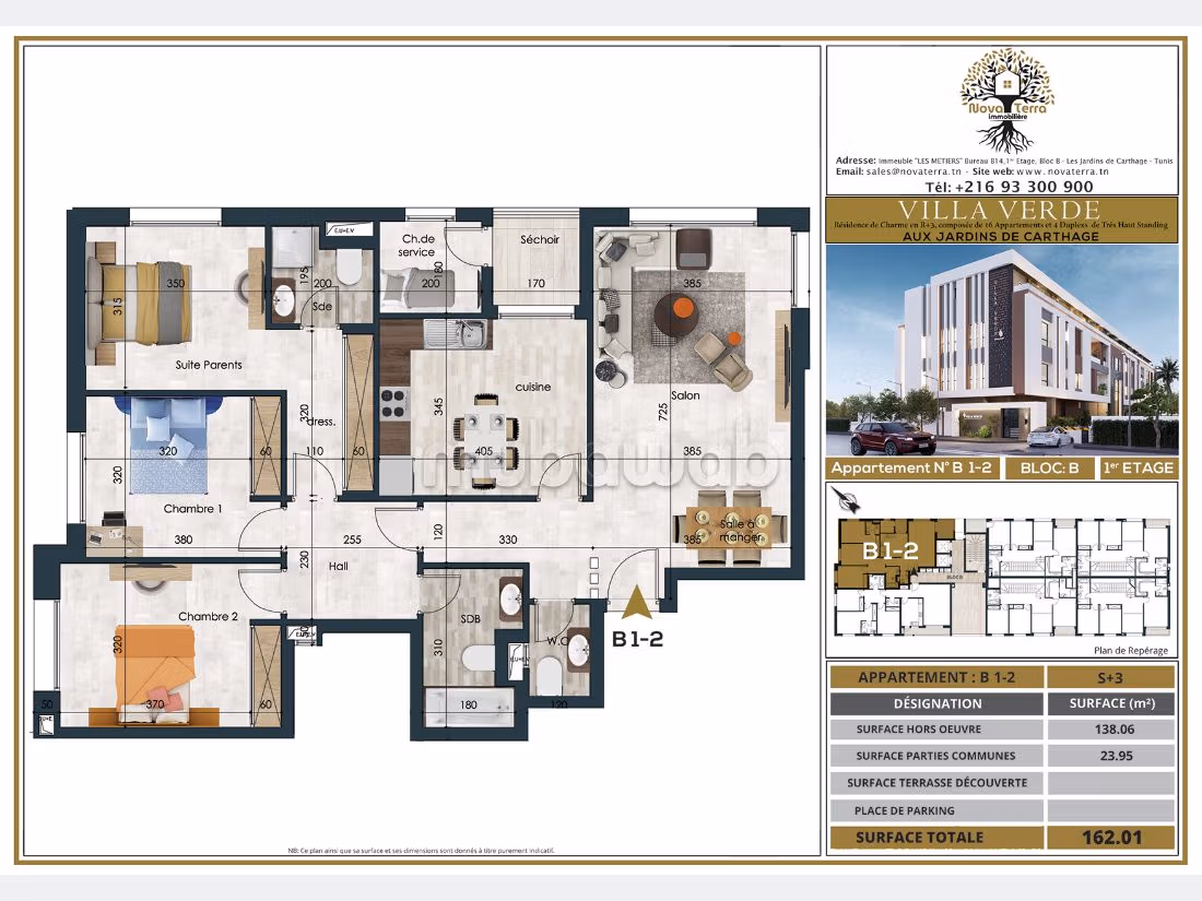 Apartment for sale in Les Jardins de Carthage. Dimension 163 m². Double glazed windows and central heating. 
