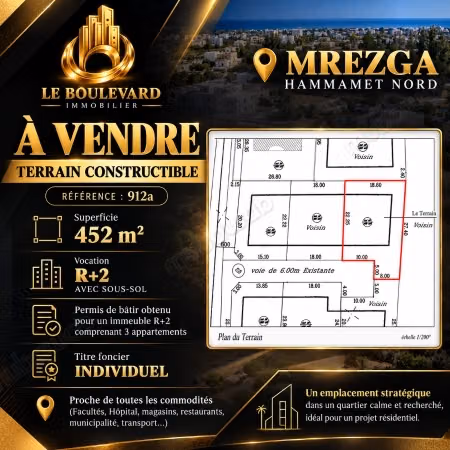 A vendre terrain constructible à Mrezga, Hammamet