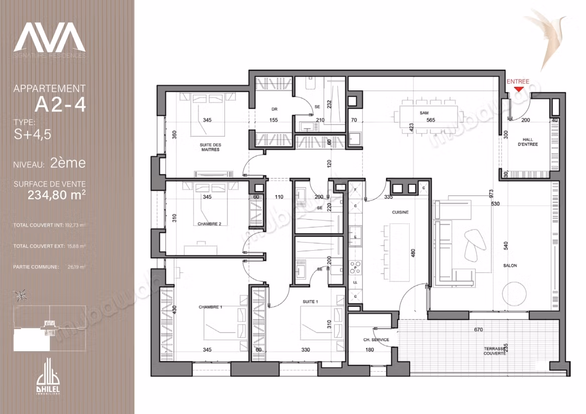 Sublime s4,5 de 235m² aux Jardins de Carthage. AVA Résidence A2 4