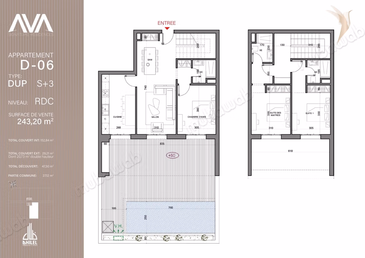 Duplex de luxe aux Jardins de Carthage avec piscine. Superficie 243 m²