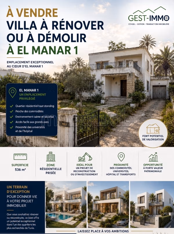 0% commission/A vendre une villa à rénover à Manar 1