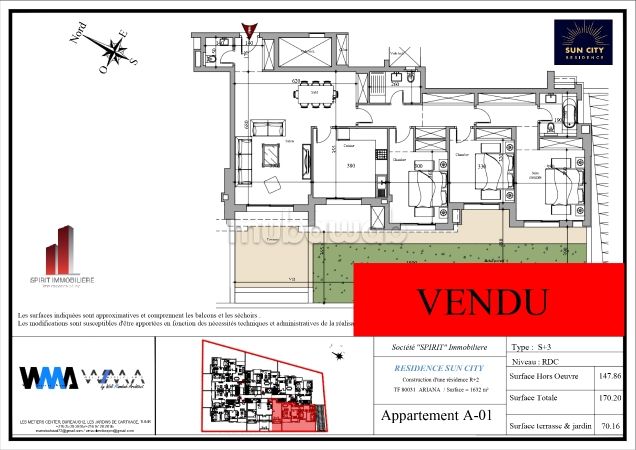 شقة للبيع ب سكرة. 3 قطع كبيرة. شرفة جميلة وحديقة