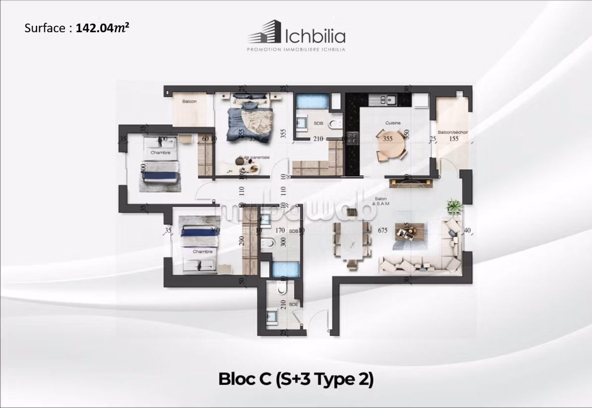 S3 de 142 m² Jardins de Carthage