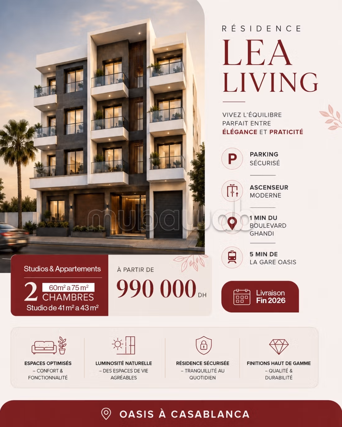 Vente d'un bel appartement à Oasis. Surface totale 53 m². Pl...
