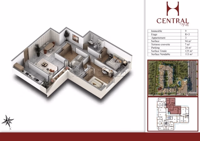 Appartement en vente à Ain Diab Extension. Superficie 113 m². Avec ascenseur et terrasse