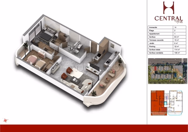 Superbe appartement à vendre à Ain Diab Extension. Surface totale 108 m². Parking