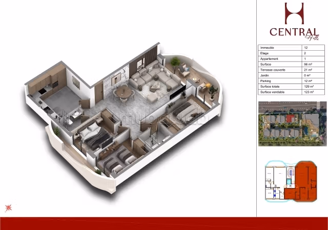 Apartamento en venta en Ain Diab Extension. Superficie total de 123 m². Aire acondicionado y piscina