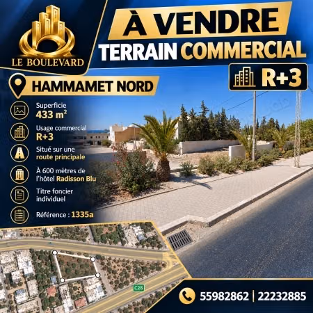 A vensdre terrain 433m² commercial à Hammamet