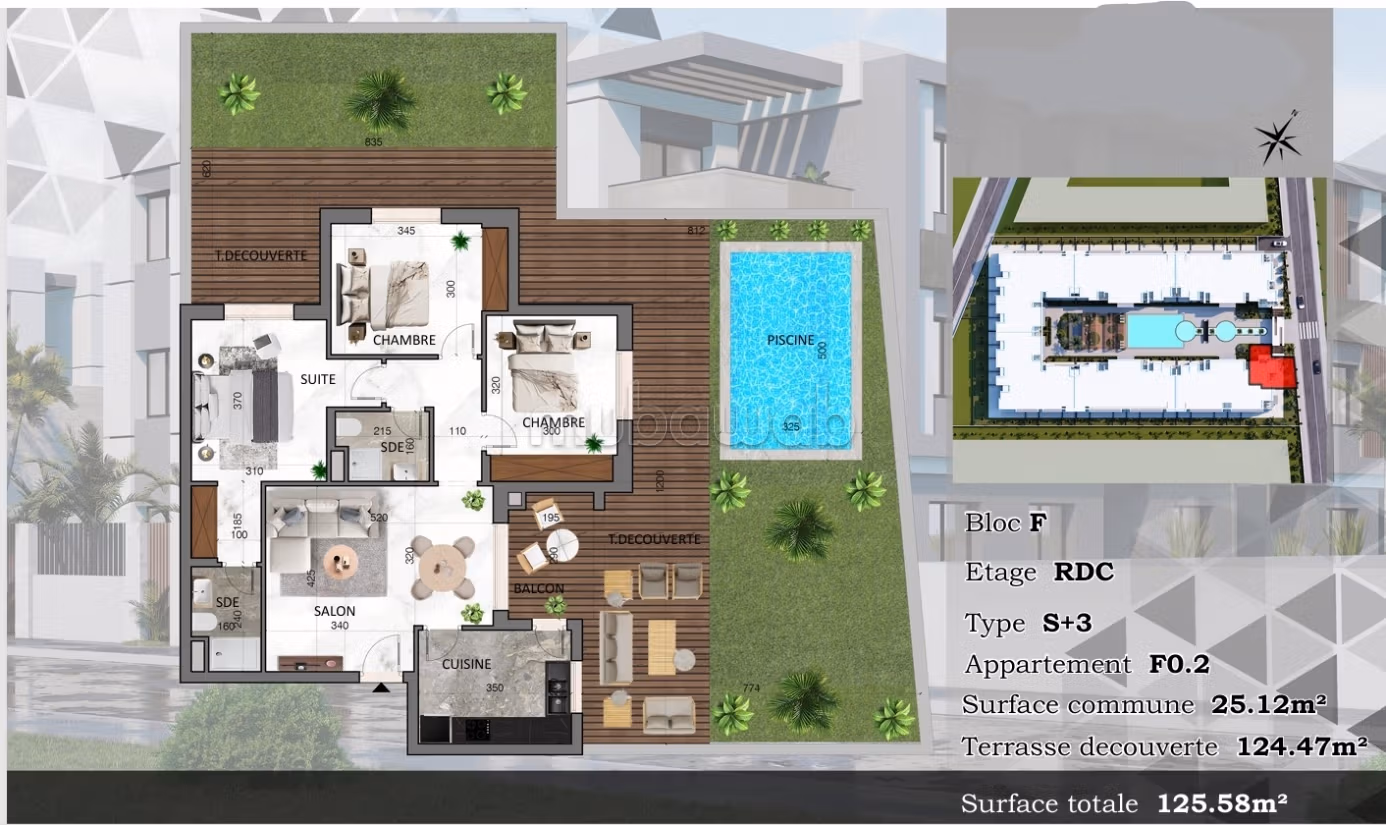 Splendido appartamento da acquistare a Aouina. 1 camera. Piscina e servizio di concierge