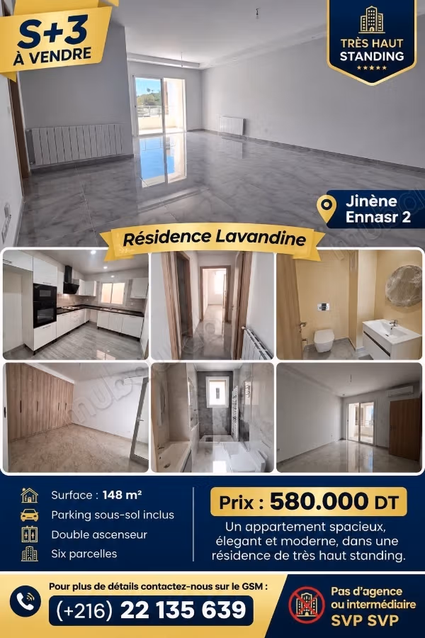 Vendita di uno splendido appartamento a Cité Ennasr 2. Superficie 150 m². Porta blindata, servizio di sicurezza
