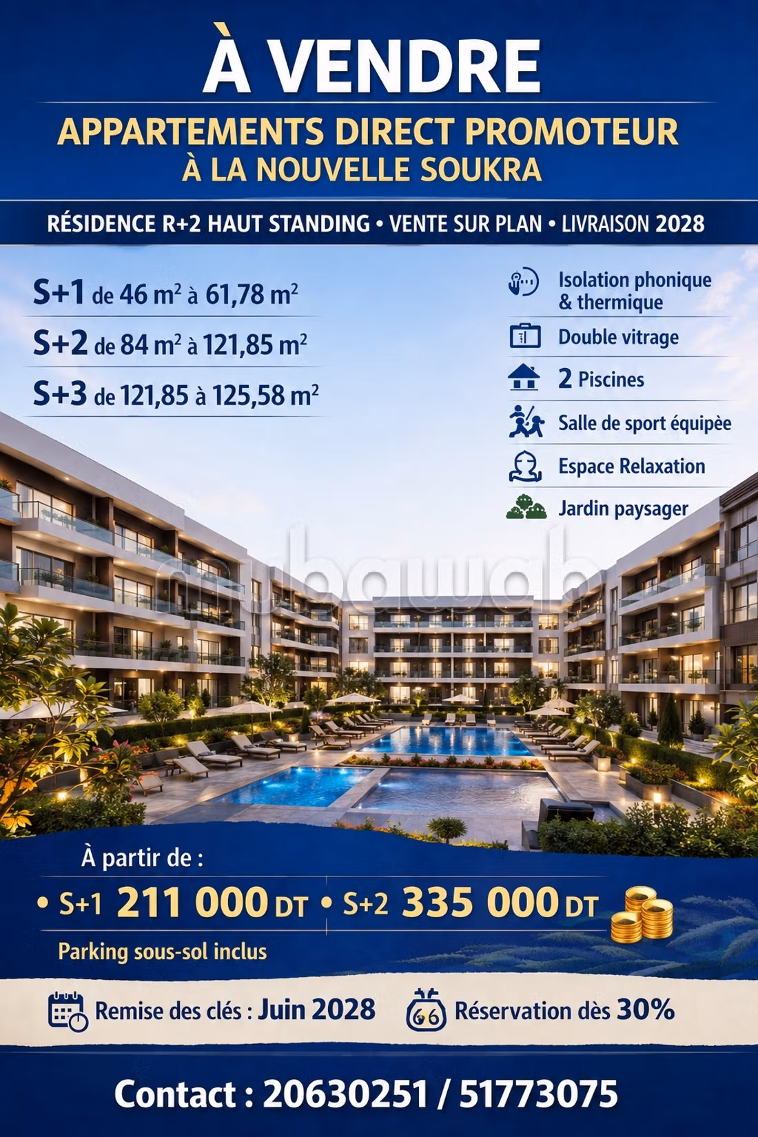  Appartements Neufs Direct Promoteur – Piscine, Salle de Sport & Parking, La Nouvelle Soukra