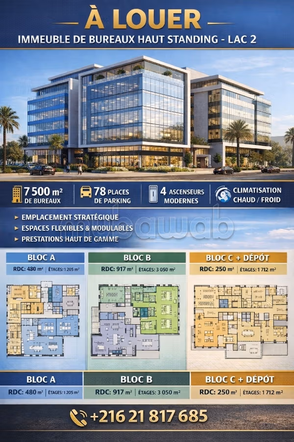 A louer immeuble 5 niv en open space 7500 m² au Lac 2