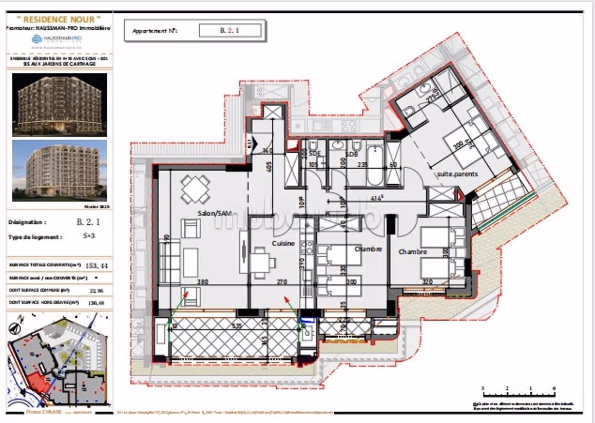 Vente d'un appartementS3 de 153 m², Les Jardins de Carthage
