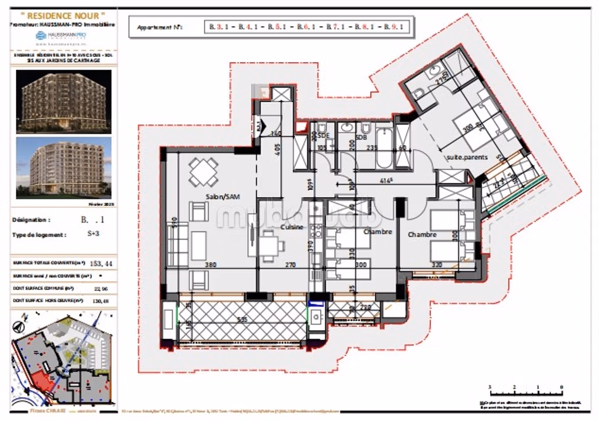 Vente d'un appartementS3 de 153 m², Les Jardins de Carthage