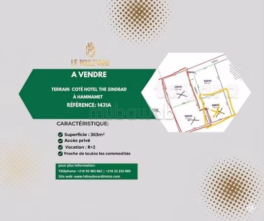 A vendre terrain 363m² zone Hôtel The Sindbad Hammamet