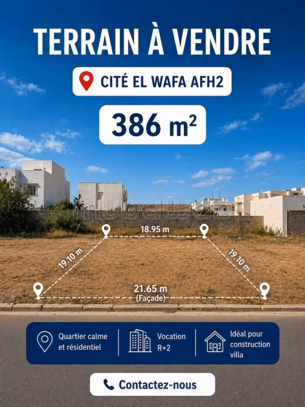 À vendre Terrain De 386m² à Cité El Wafa Nabeul