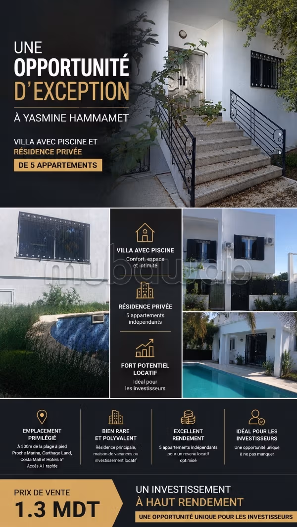 For sale a villa with pool and apartments in Yasmine Hammamet
