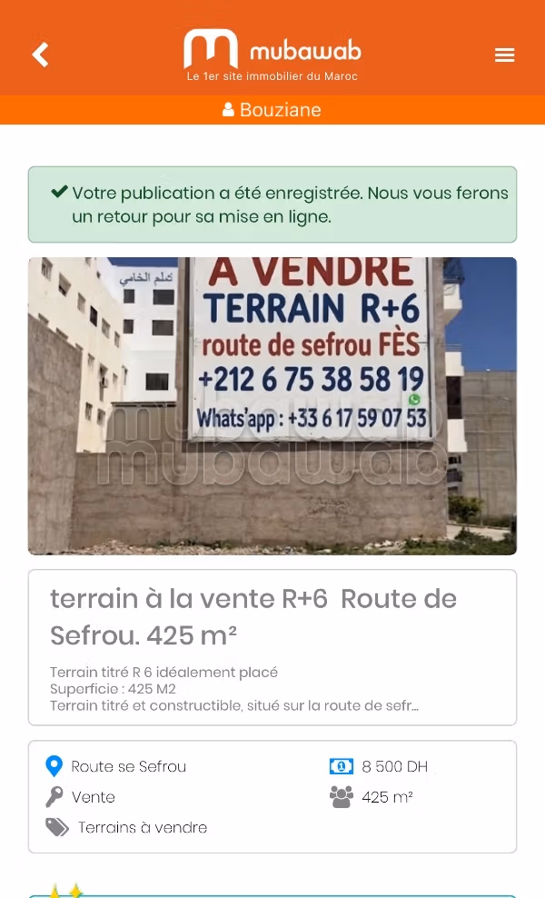 Sale of land R6 on Sefrou Road. 425 m²