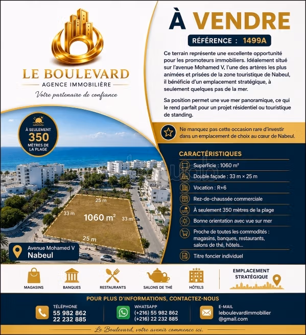 A vendre terrain R6 à Avenue Mohamed 5, Nabeul