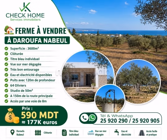 A vendre une Ferme cloturée à Daroufa Nabeul Titre bleu