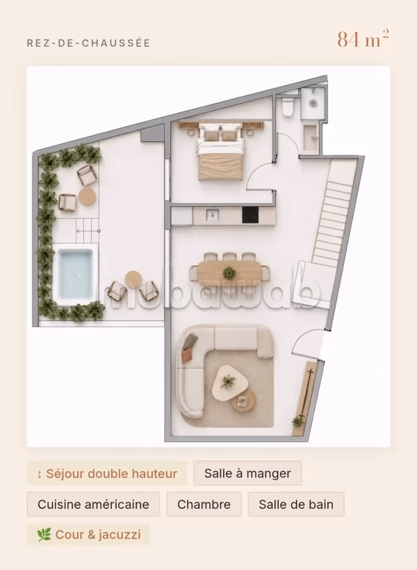 Mooie duplex te koop in Hivernage. 2 mooie slaapkamers met privézwembad