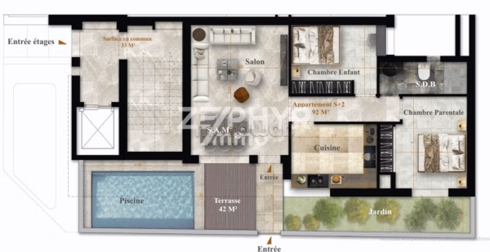 A vendre appartement S2 137m² avec piscine à la Marsa