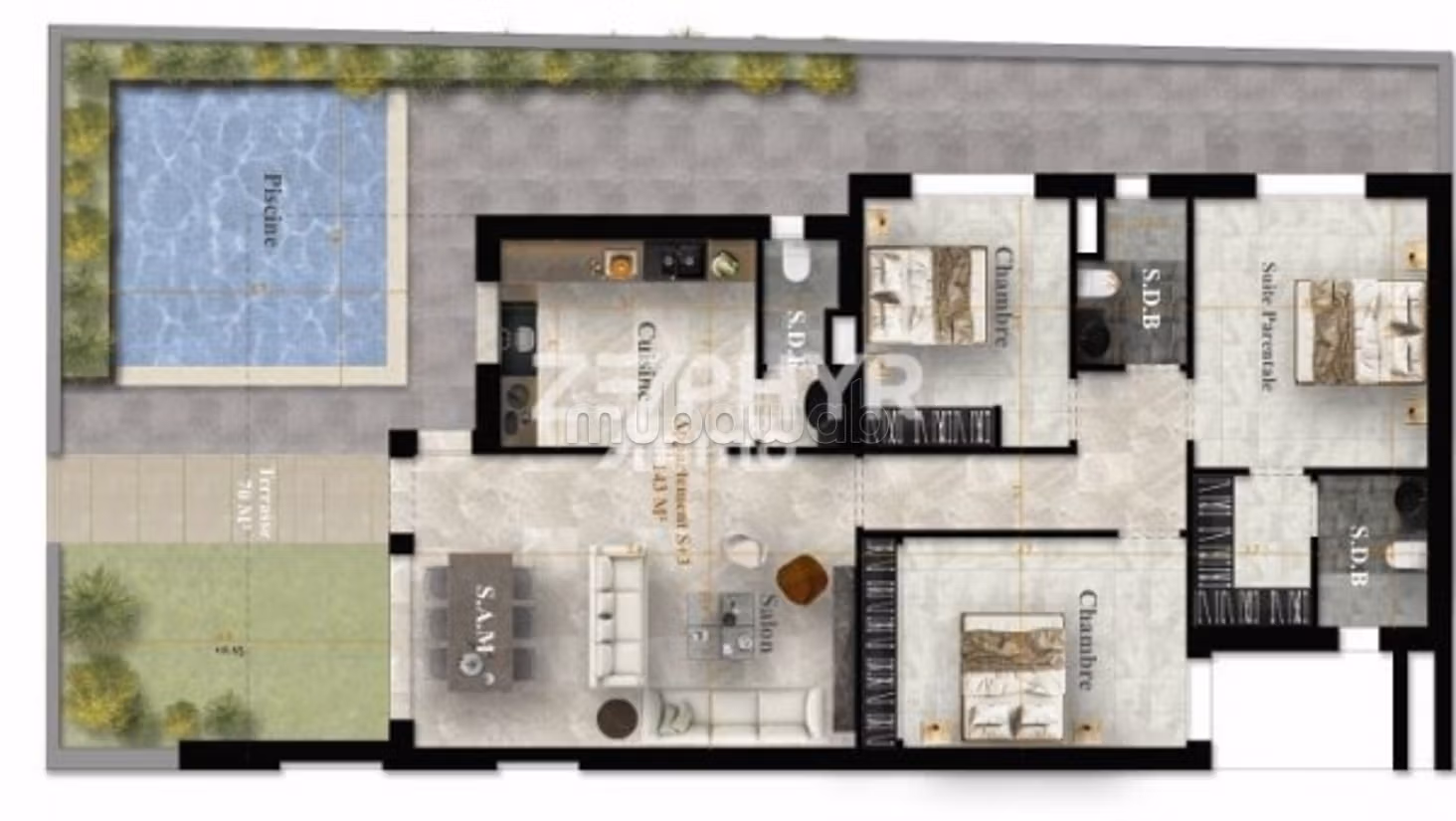 A vendre appartement S3 213m² avec piscine à la Marsa