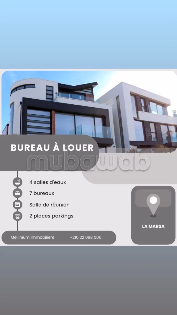 Beaux bureaux à louer à Sidi Daoued. Superficie 270 m². Conciergerie à disposition, système de climatisation
