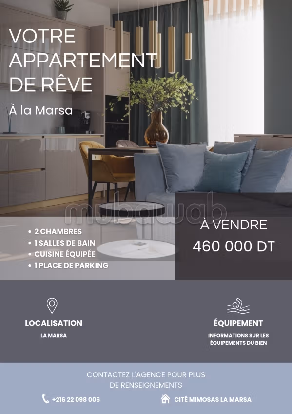 Vend appartement à Sidi Daoued. Surface de 80 m². Chauffage central et porte blindée