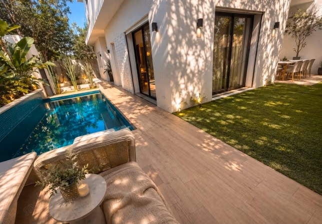 For sale a semi-detached villa with pool and garden