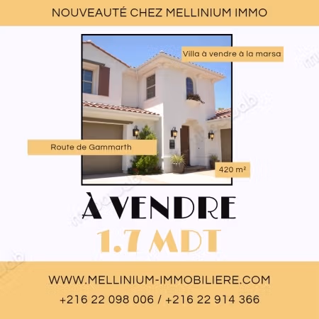 Vente villa de luxe à La Marsa Ville. 4 chambres agréables. Porte blindée, antenne parabolique