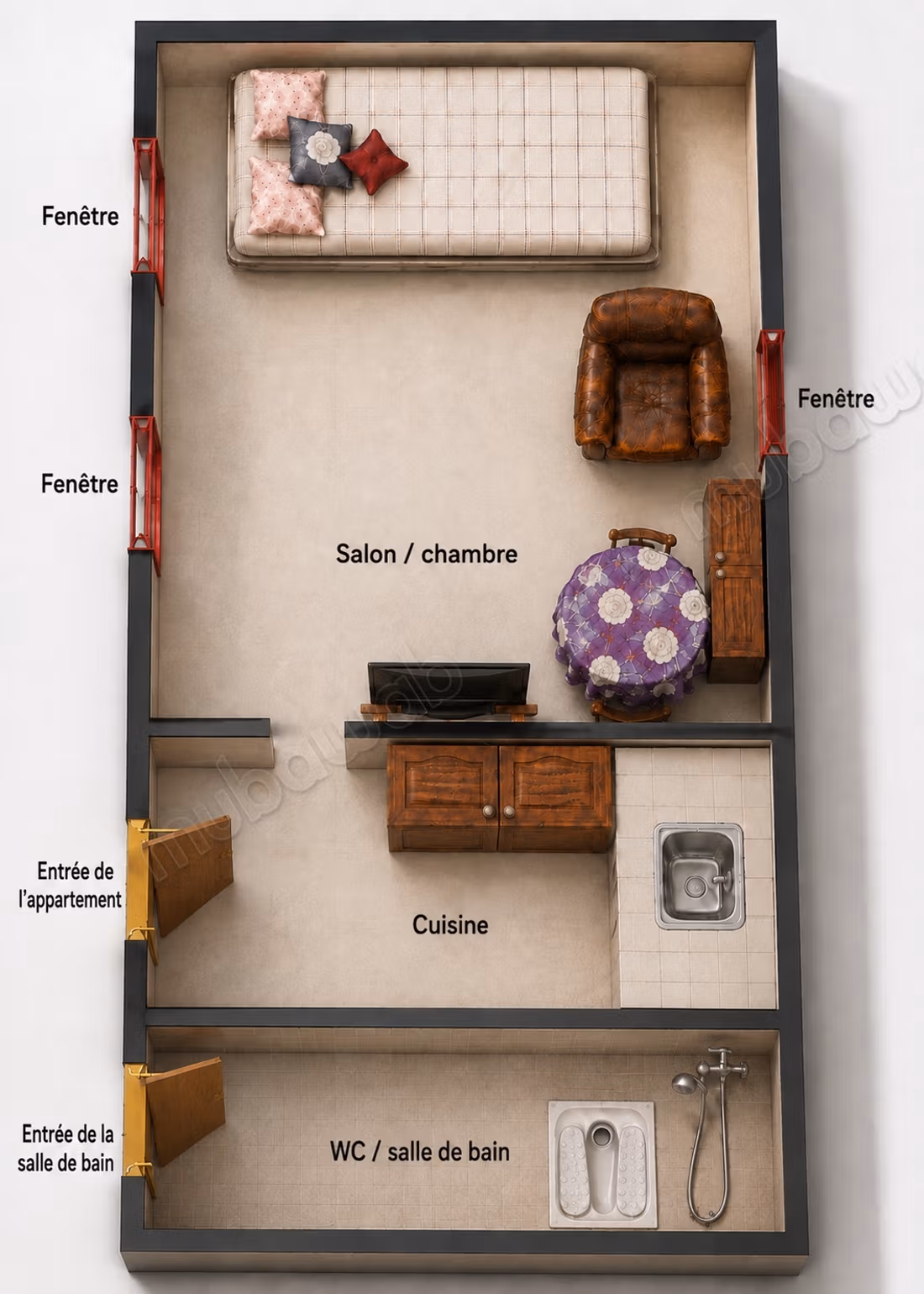 Studio nr 2 meublé pour femme fés