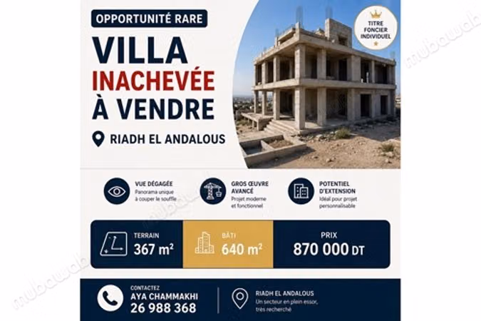 Villa inachevée 367 m² – Riadh El Andalous