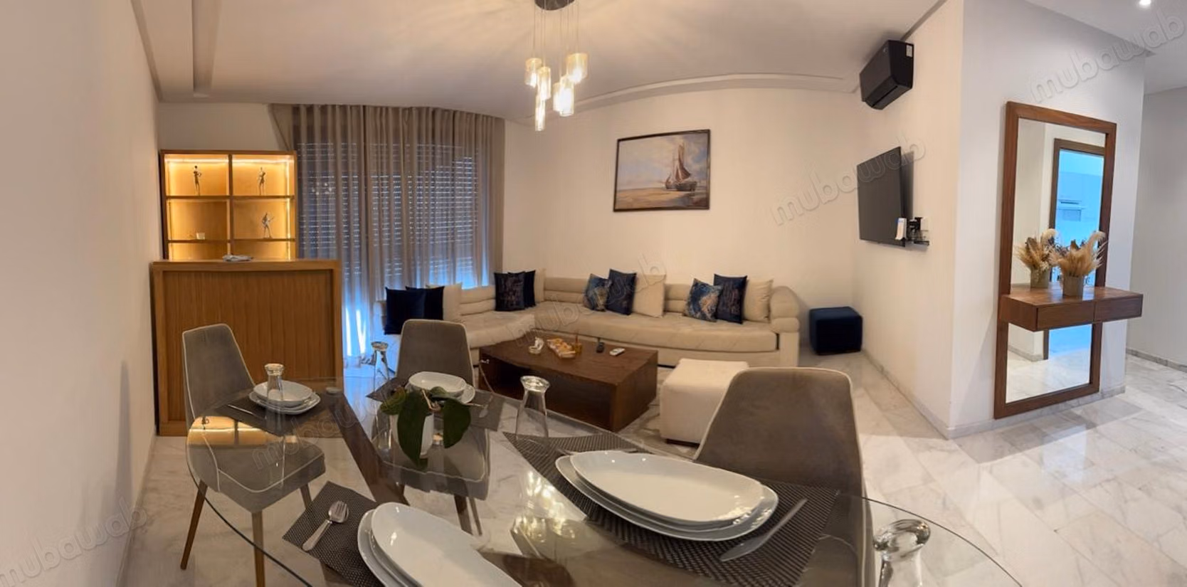 Zeer mooi appartement te huur in Casablanca Finance City. 2 comfortabele kamers. Goed ingericht