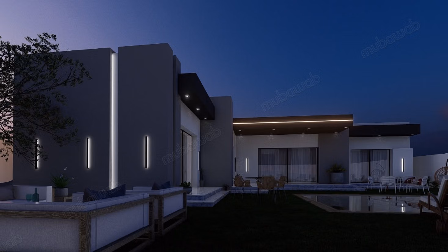 Una charmante villa su un piano con piscina