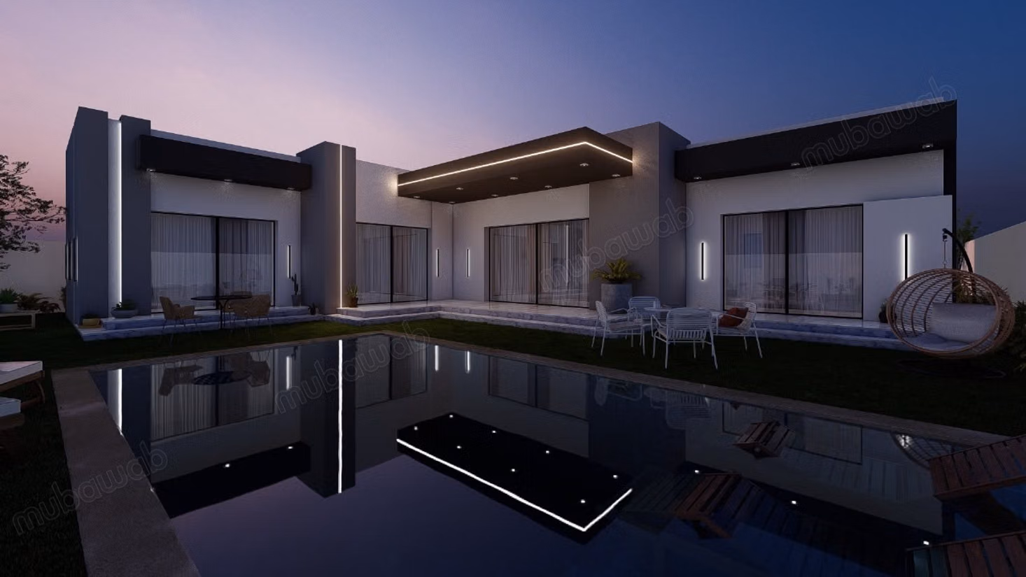 Una charmante villa su un piano con piscina
