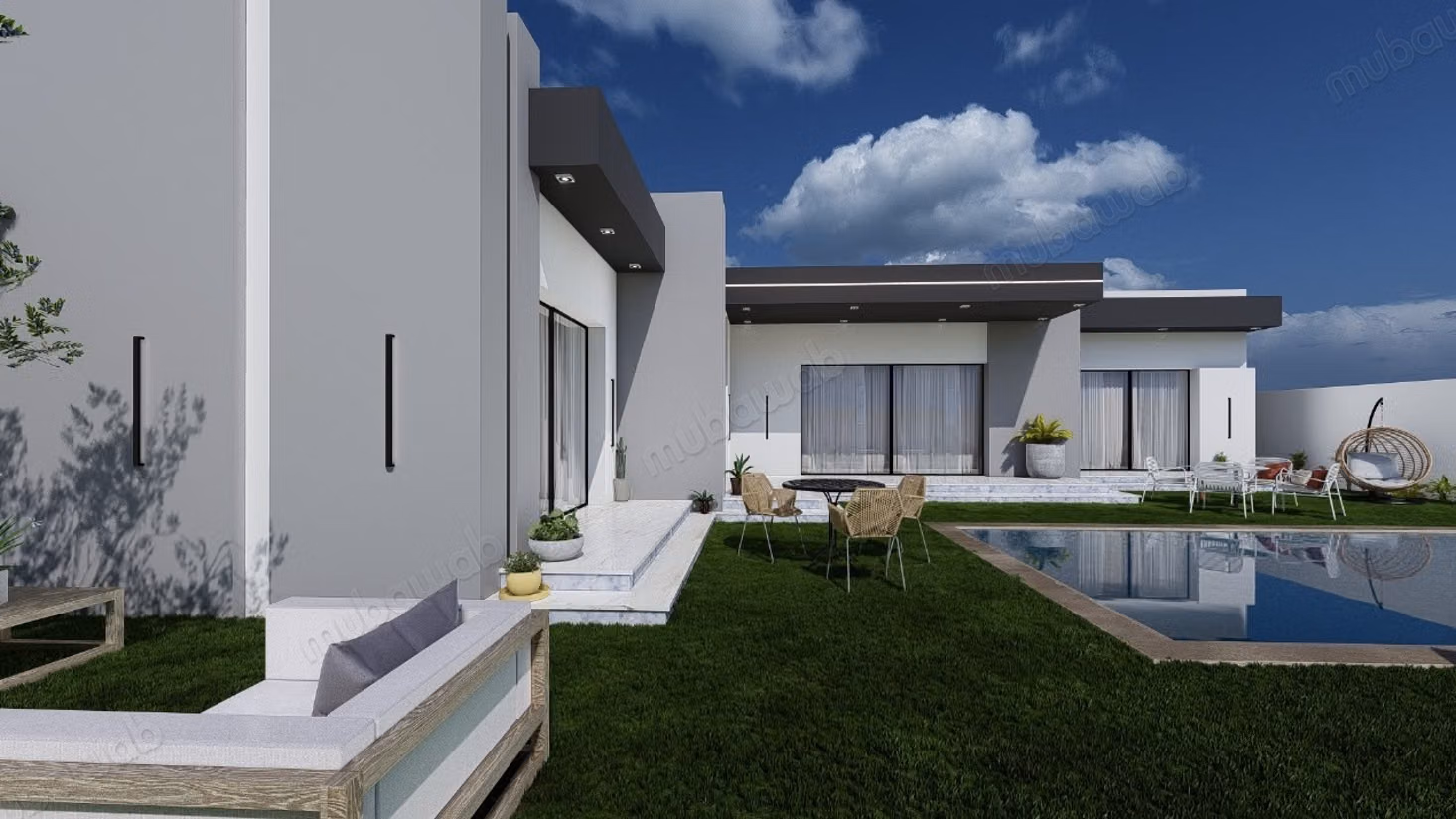 Una charmante villa su un piano con piscina