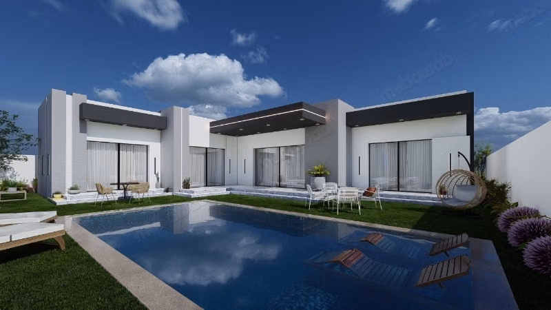 Una charmante villa su un piano con piscina