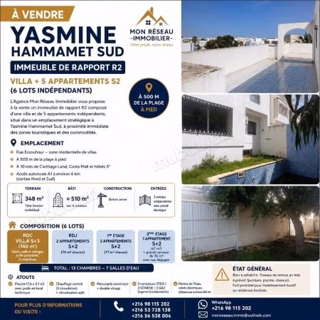  Yasmine hammamet sud – immeuble de rapport r2 villa  5 appartements s2 à vendre