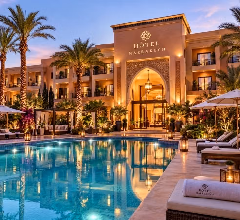 There is a 3-star hotel in the city of Marrakech that has 20 apartments, a café, and a theater playground. It costs 3 and a half billion.