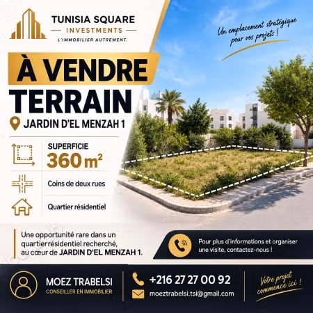 A vendre terrain de 360 m² jardin d'el menzah
