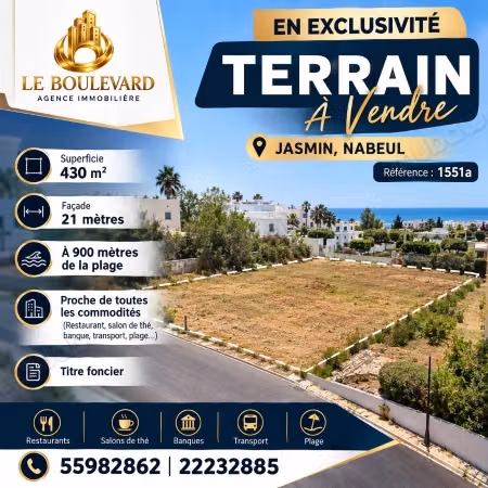 A vendre Terrain 430m² à Jasmin, Nabeul