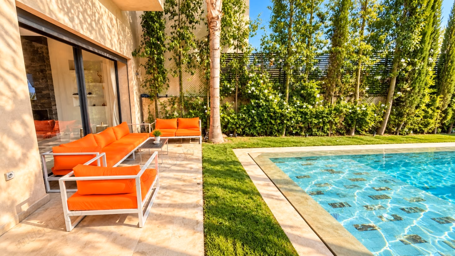 Villa de haut standing à louer à Route Amizmiz. 
6 pièces confortables. 
Air conditionné