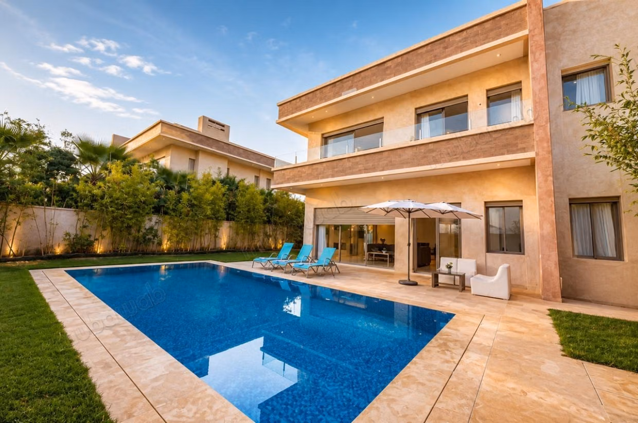 Location saisonnière villa de luxe à Route de Tahanaout. 
3 chambres agréables. 
Piscine et air conditionné