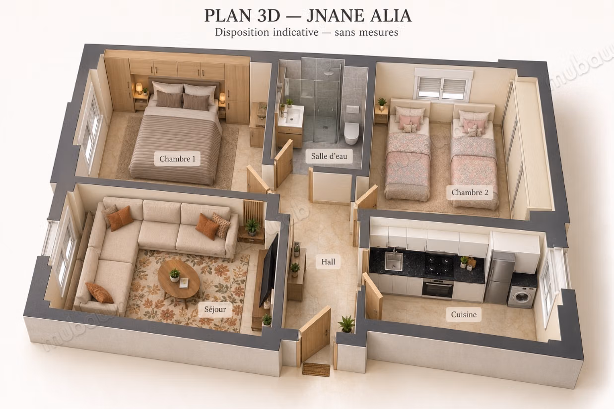 Meublé 58 m², 2 chambres, ascenseur – Jnane Alia