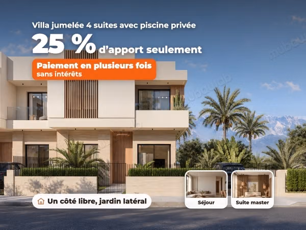 Villa pareada de 4 suites, lado libre y piscina privada, 25 % de entrada