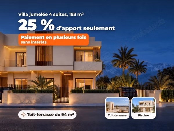 New 193 m² semi-detached villa, 94 m² roof terrace, 12 min from the airport