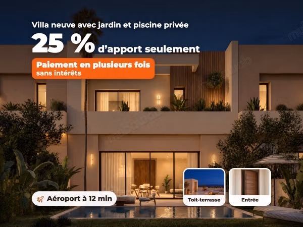 Villa nueva con piscina privada, aeropuerto a 12 minutos, 25 % de aportación