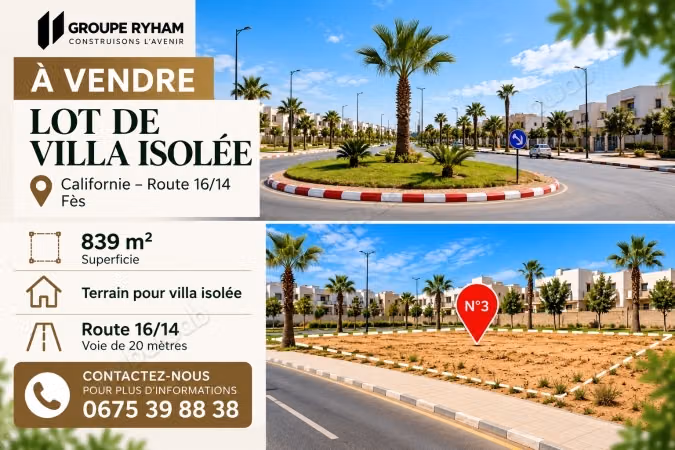 Terrain de 839 m² pour villa isolée à vendre